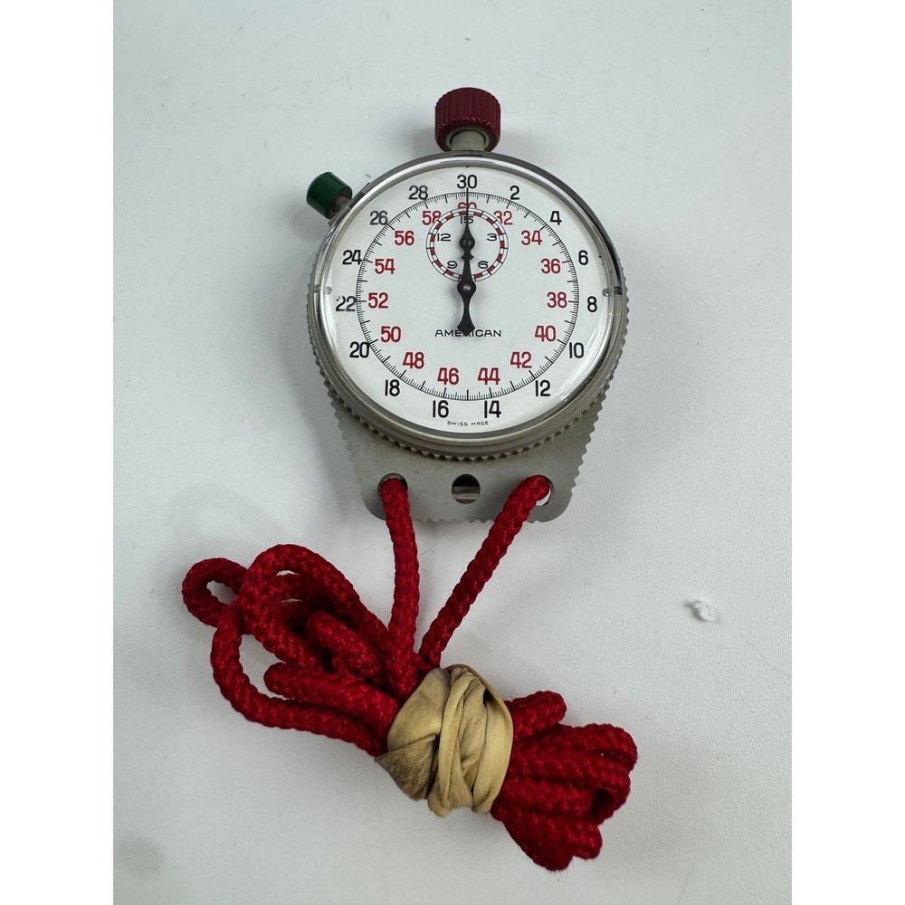 American Vintage Mechanical Stopwatch Swiss Made 1548 Grey Cycolac Red Lanyard